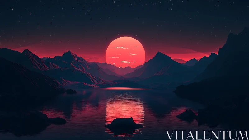 Crimson alien sun sinks behind mountains and mirrored lake.