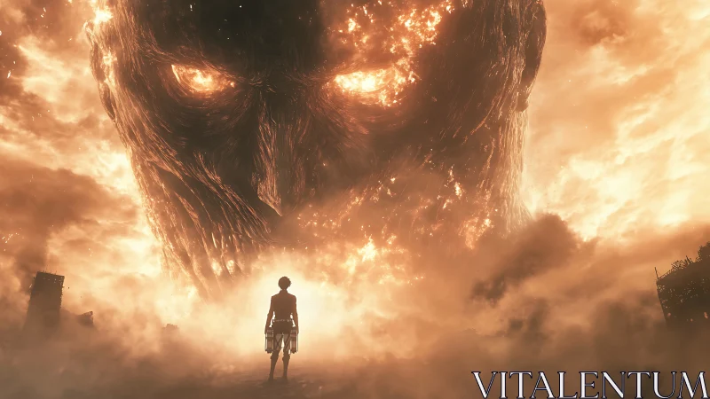 Silhouetted soldier confronts colossal fiery face in sky.