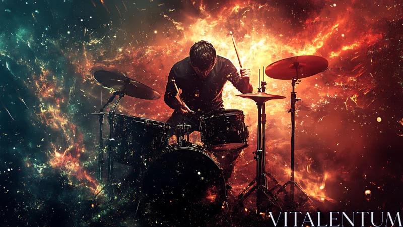Cosmic drummer silhouetted in fiery nebula explosion scene.