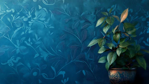 Potted green plant softens an ornate teal floral wall