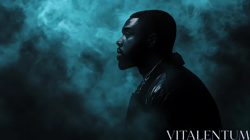 Moody side-profile portrait immersed in teal swirling fog.