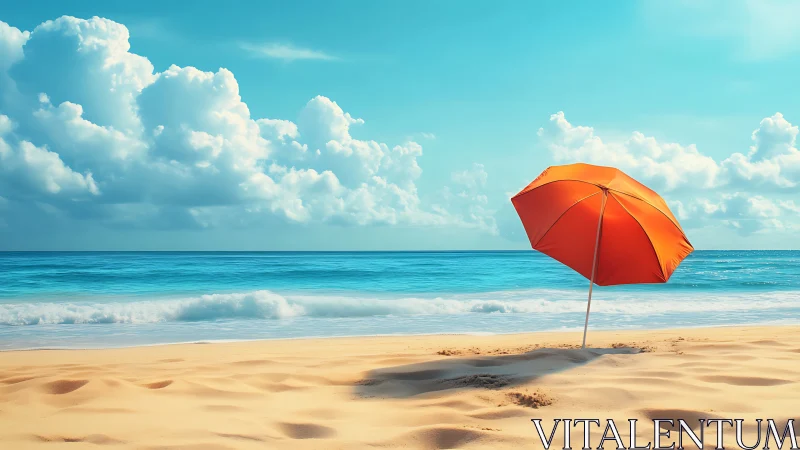 Digital painting of orange umbrella on sunlit shoreline.