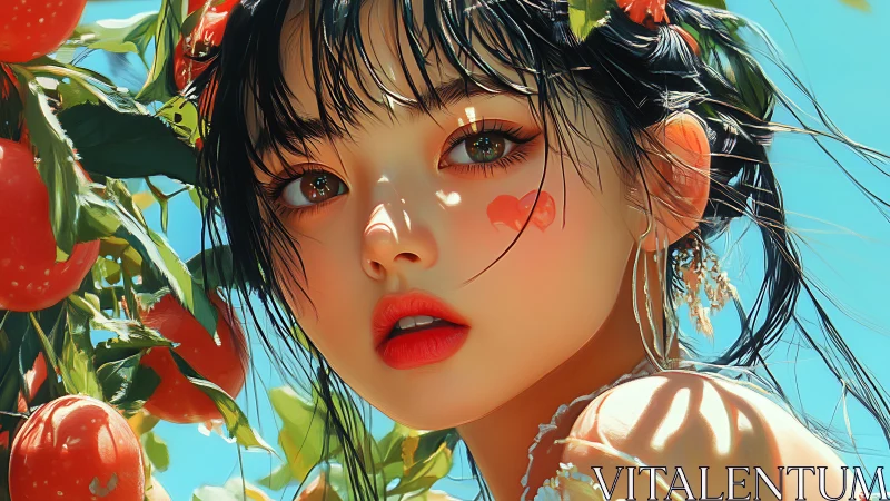 Digital portrait of girl with fruit and heart face paint.