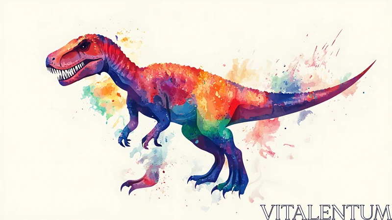 Rainbow roar: watercolor T-Rex stomping through colorstorms.