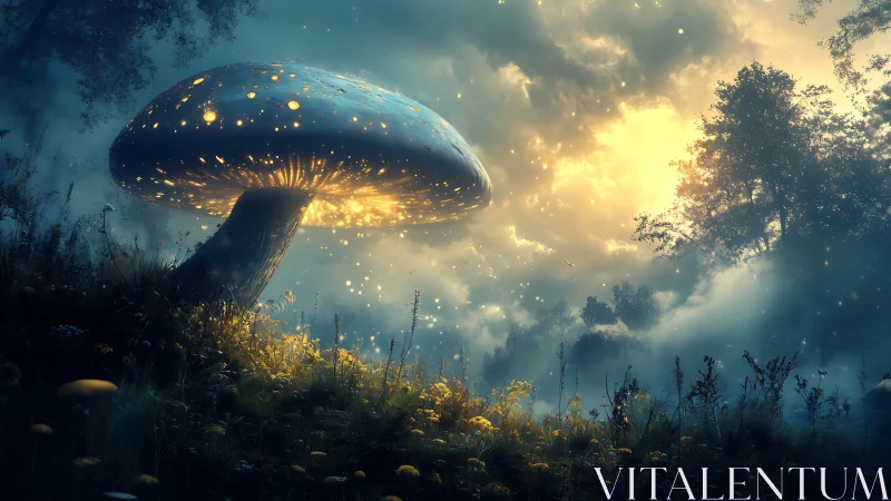 Luminous giant mushroom illuminates misty twilight forest