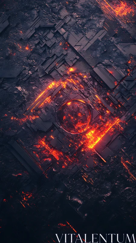 Lava lit geometric structure in dark abstract terrain.