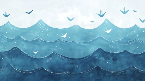 Layered cyan ocean waves with stylized soaring seabirds illustration