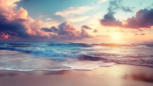 Sunset light over calm waves on reflective sandy shore.