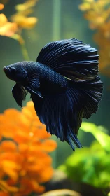 Midnight betta fish glides elegantly through glowing aqua