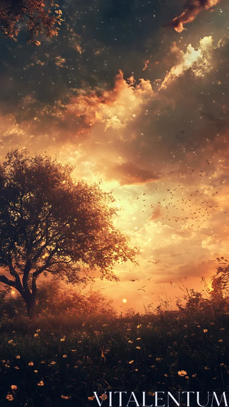 Sunset sky illuminates lone tree over meadow with flowers