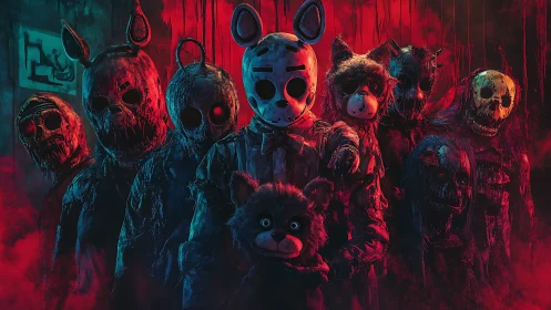 Masked horror cult emerges from red and teal shadows.