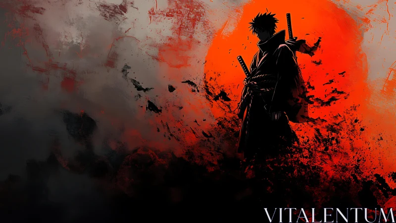 Lone shadowed ronin eclipsed by a bleeding crimson sun.