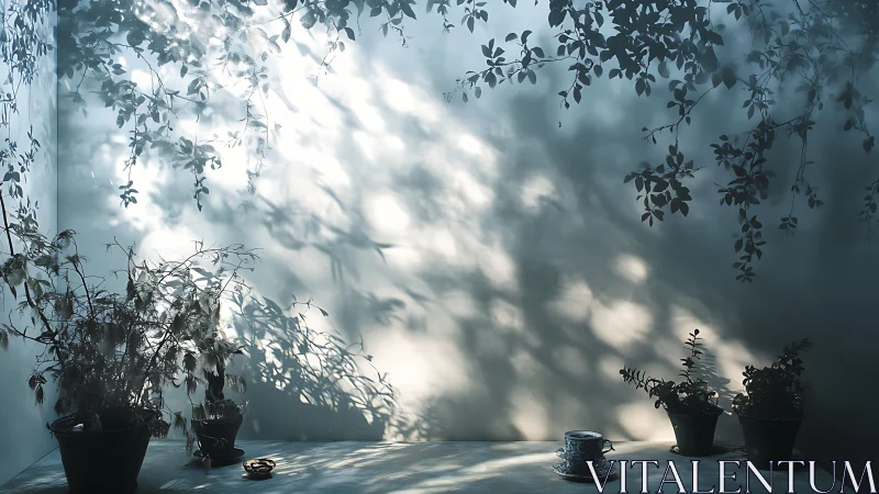 Backlit potted plants casting intricate foliage shadows indoors