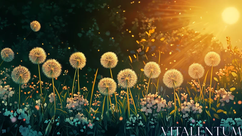 Dandelion seed heads in backlit meadow under low sun.