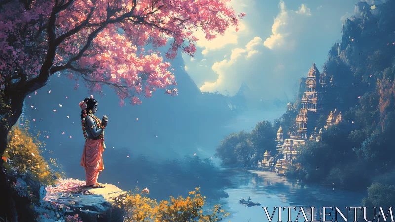 River-prayer beneath blossom skies and distant golden temples.