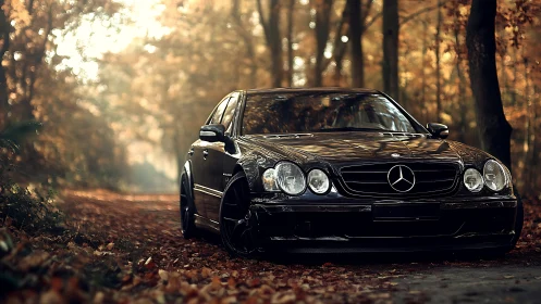 Photorealistic Mercedes sedan in cinematic autumn forest light.