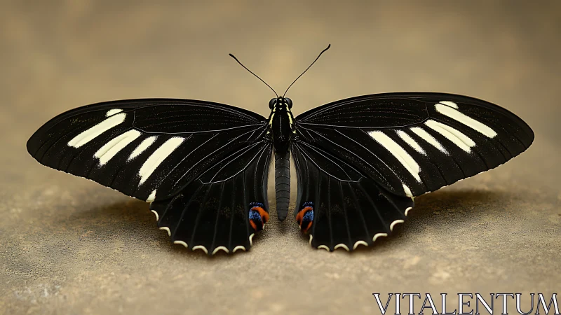 Macro study of a black swallowtail butterfly on neutral ground.