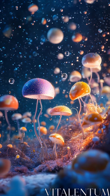 Luminescent jellyfish forest drifts through a cosmic reef.