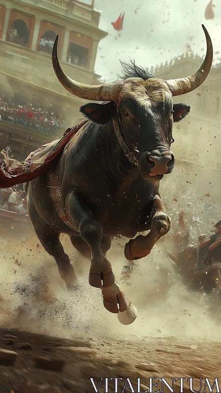 Charging black bull in dust-filled arena spectacle.