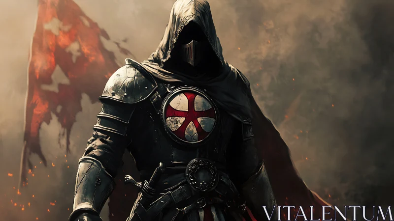 Hooded crusader knight stands before tattered war banner.