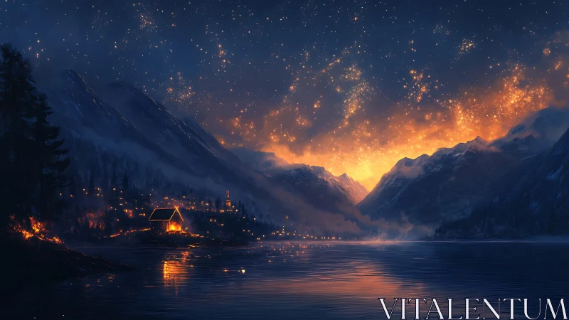 Mountain lake valley at dusk with astronomical phenomena.