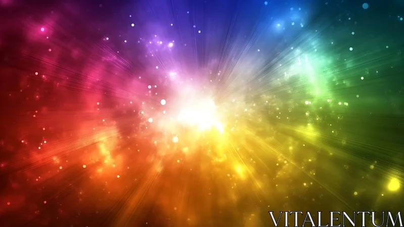 Radial multicolor light burst with dispersed particles.