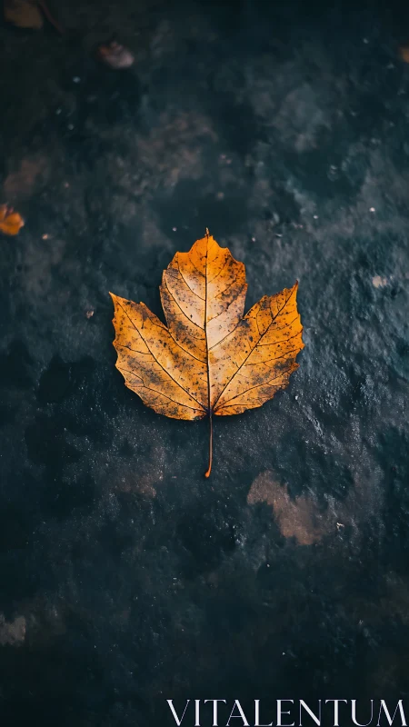 High-contrast autumn maple leaf on dark wet textured ground