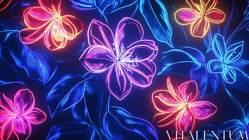 Neon tropical blossoms glow against deep electric foliage.