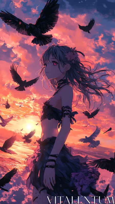 Anime girl amid ravens over burning sunset sea sky.