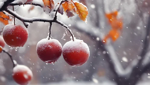 Snow-laden apple cluster in shallow-depth winter field study.