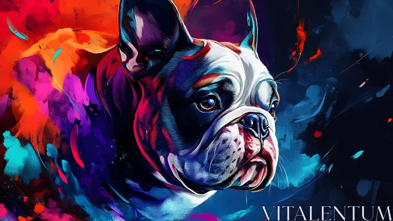 Vibrant bulldog portrait amid explosive neon brushstrokes.