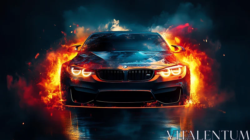 Fiery sports car bursts through dark smoke and neon flames.