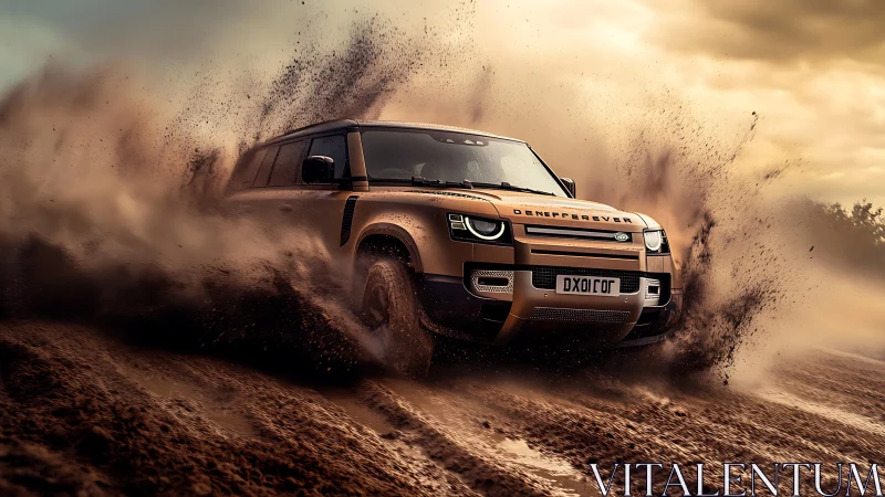 Off-road SUV powers through muddy terrain at high speed.
