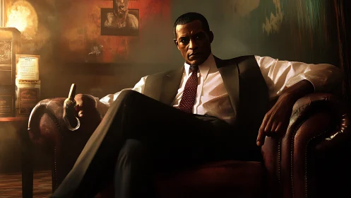 Smoldering mob boss dominates leather armchair tableau.
