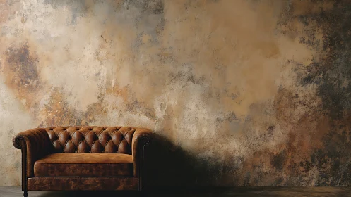 Tufted leather sofa set against textured patinated plaster wall