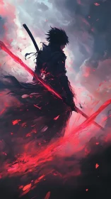 Dark warrior silhouette with glowing red energy blade.