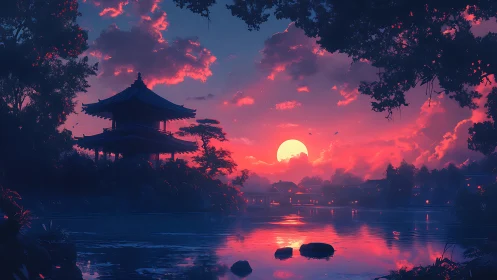 Serene lakeside temple glowing beneath a dreamy sunset sky.