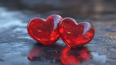 Twin Red Hearts Resting on Wet Stone Surface.