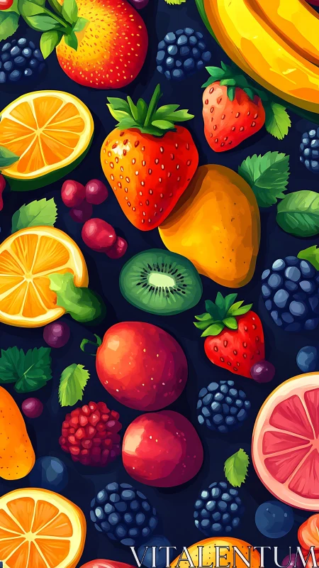 Midnight fruit carnival with neon-bright berry confetti.