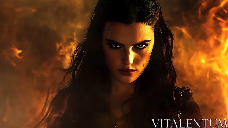 Dark-haired woman in front of intense surrounding flames.