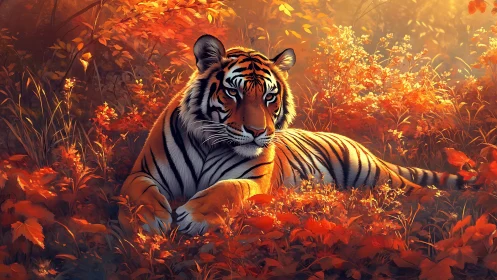 Tiger lounges like quiet fire amid autumn ember leaves