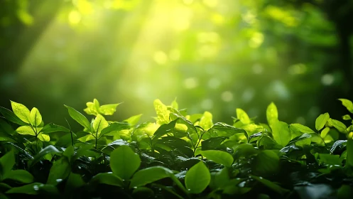Sunlit forest leaves glow under soft morning backlight
