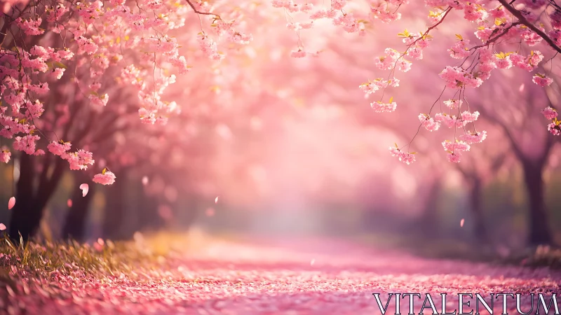 Cherry Blossom Reverie: Ethereal Pink Pathway Through Blooming Trees