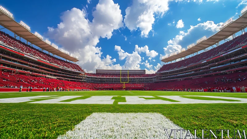 Sunlit football stadium waiting for game day excitement.
