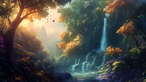 Forest waterfall landscape under diffuse backlit sunrise.