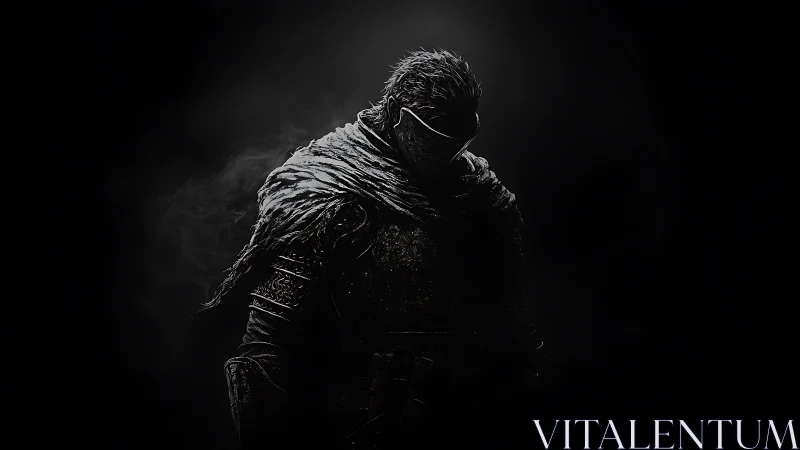 Armored warrior emerges from chiaroscuro void in digital rendering