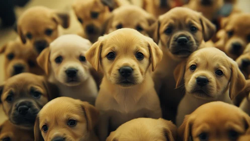 Golden retriever puppies in tight cluster, shallow depth focus.