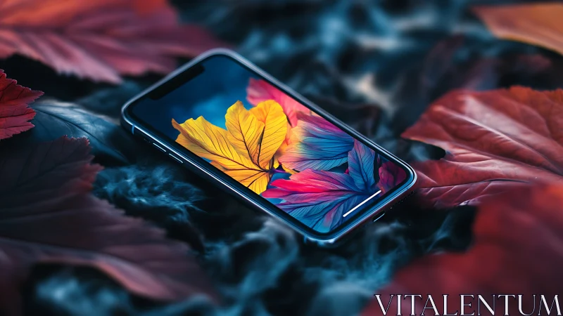Smartphone display embeds vivid macro foliage amid moody bokeh field
