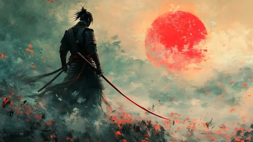 Lone samurai confronts a blazing red sun in swirling mist.