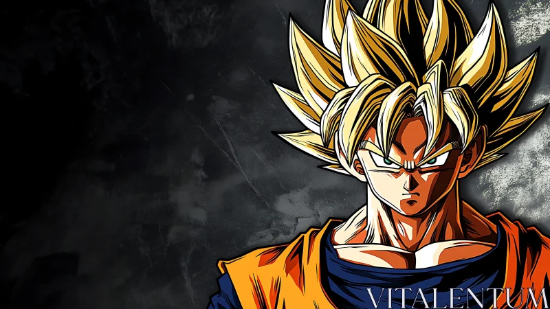 Super Saiyan anime fighter with glowing golden hair stands.